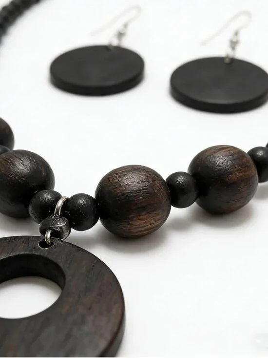 Red Natural Wood Round Beaded Strand Necklace, Chunky Bohemian Costume Jewelry f - Picture 4 of 7